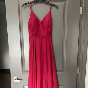 JJ’s House Floor Length Bridesmaid Gown in Burgundy with Slit and Low Back